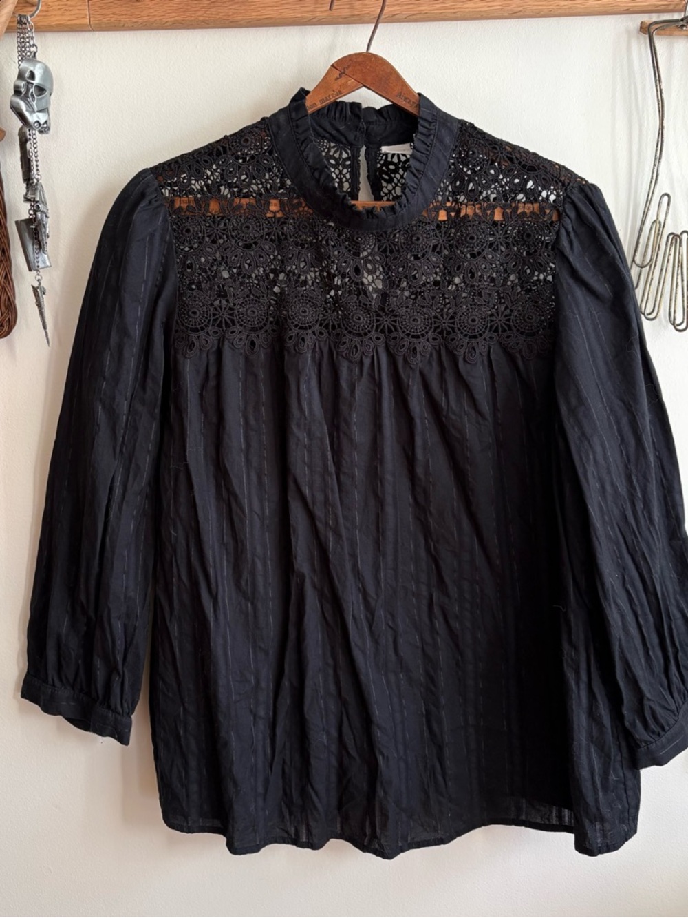 GAP Black Crochet Yoke Ruffle Neck Blouse